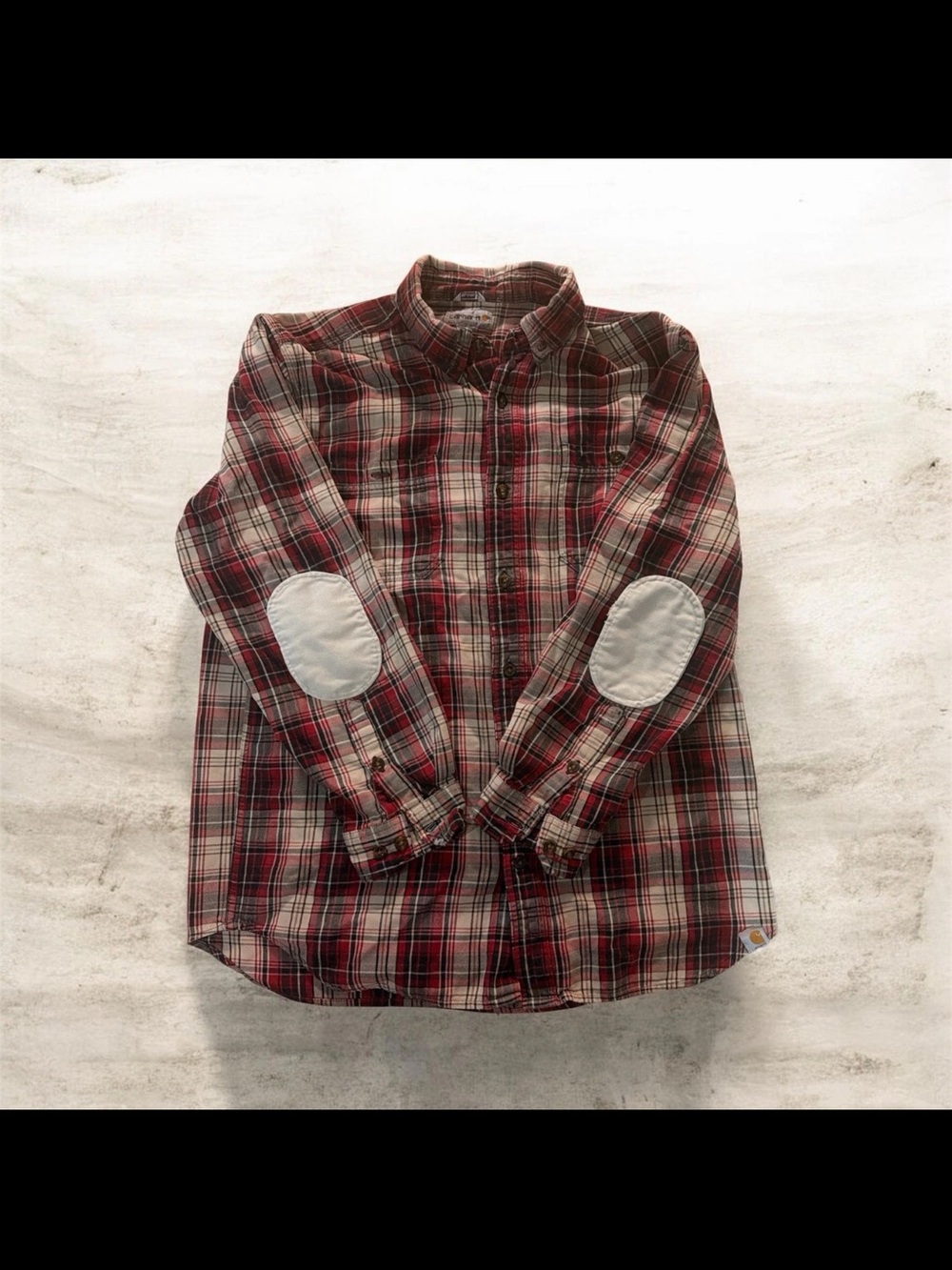 Men's Red Plaid Button-Down Shirt with Elbow Patches size large regular Vintage
